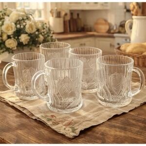 Set of 5 Arcoroc Canterbury Crocus Glass Mugs French Château Vintage